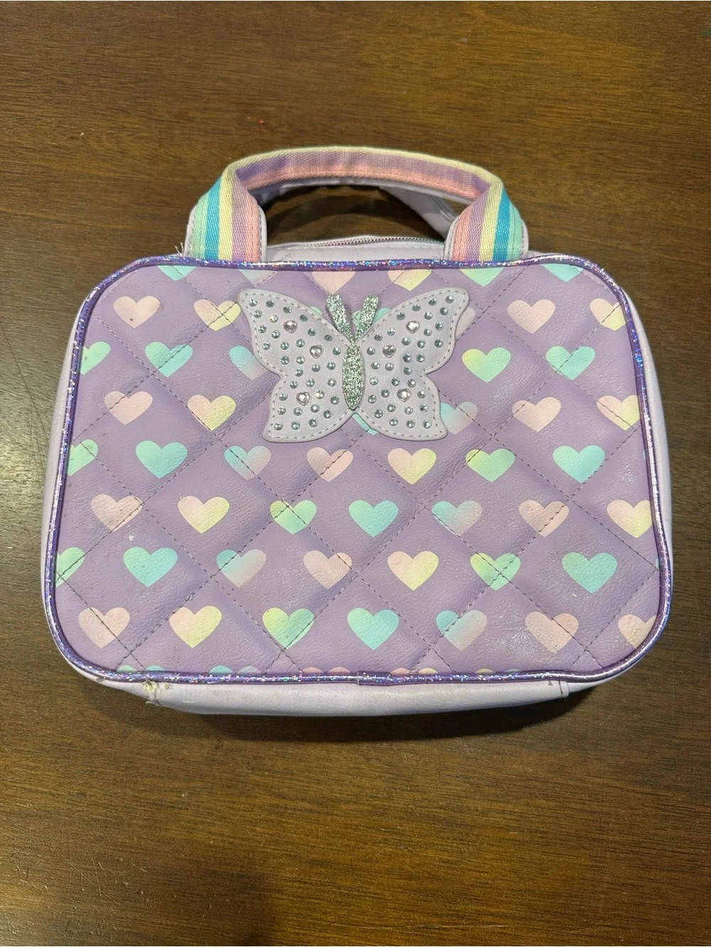 Kids Lavender Heart Lunch Tote with Rhinestone Butterfly